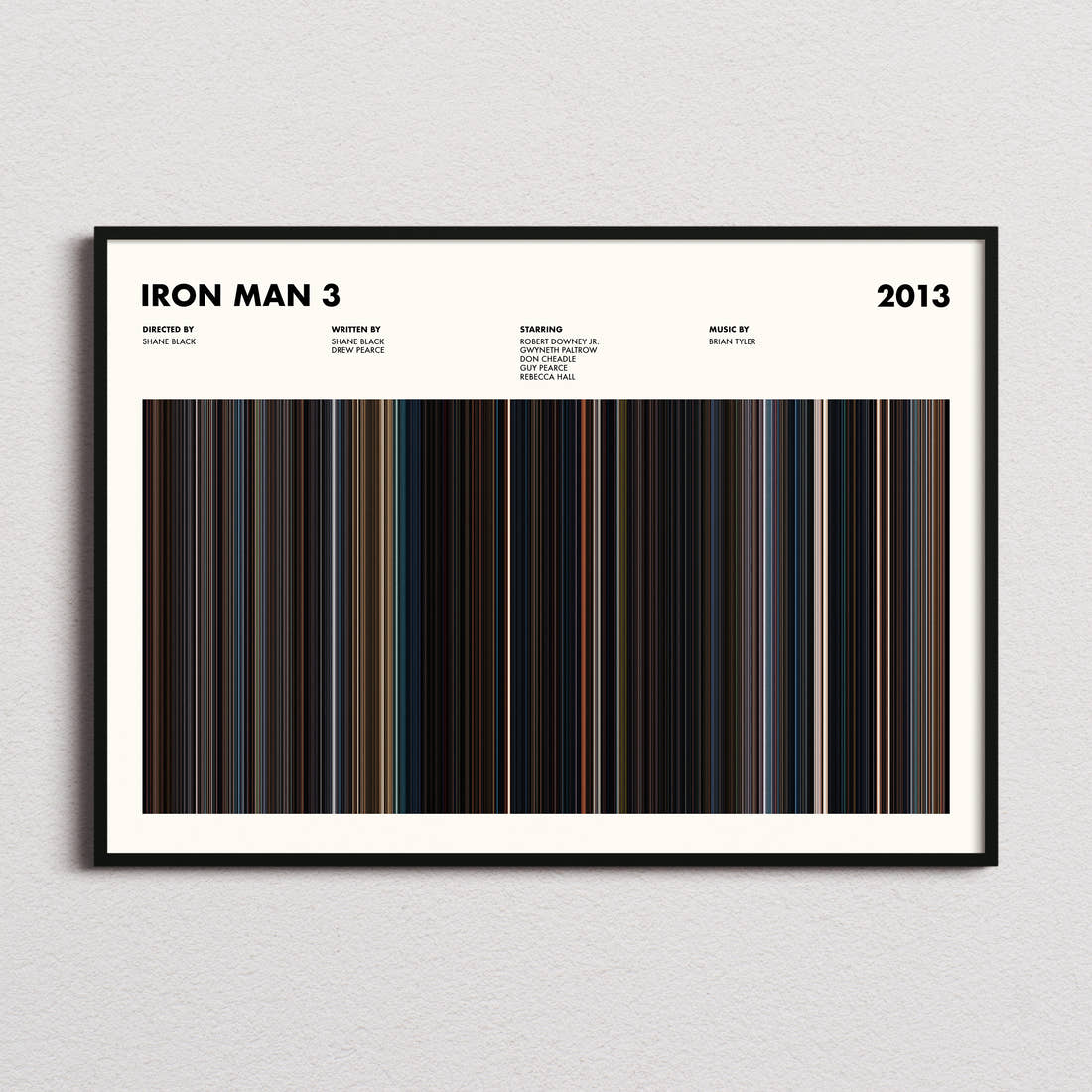 Iron Man 3 Movie Barcode Poster framed and photographed straight on