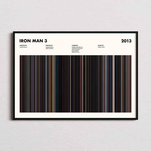 Iron Man 3 Movie Barcode Poster framed and photographed straight on