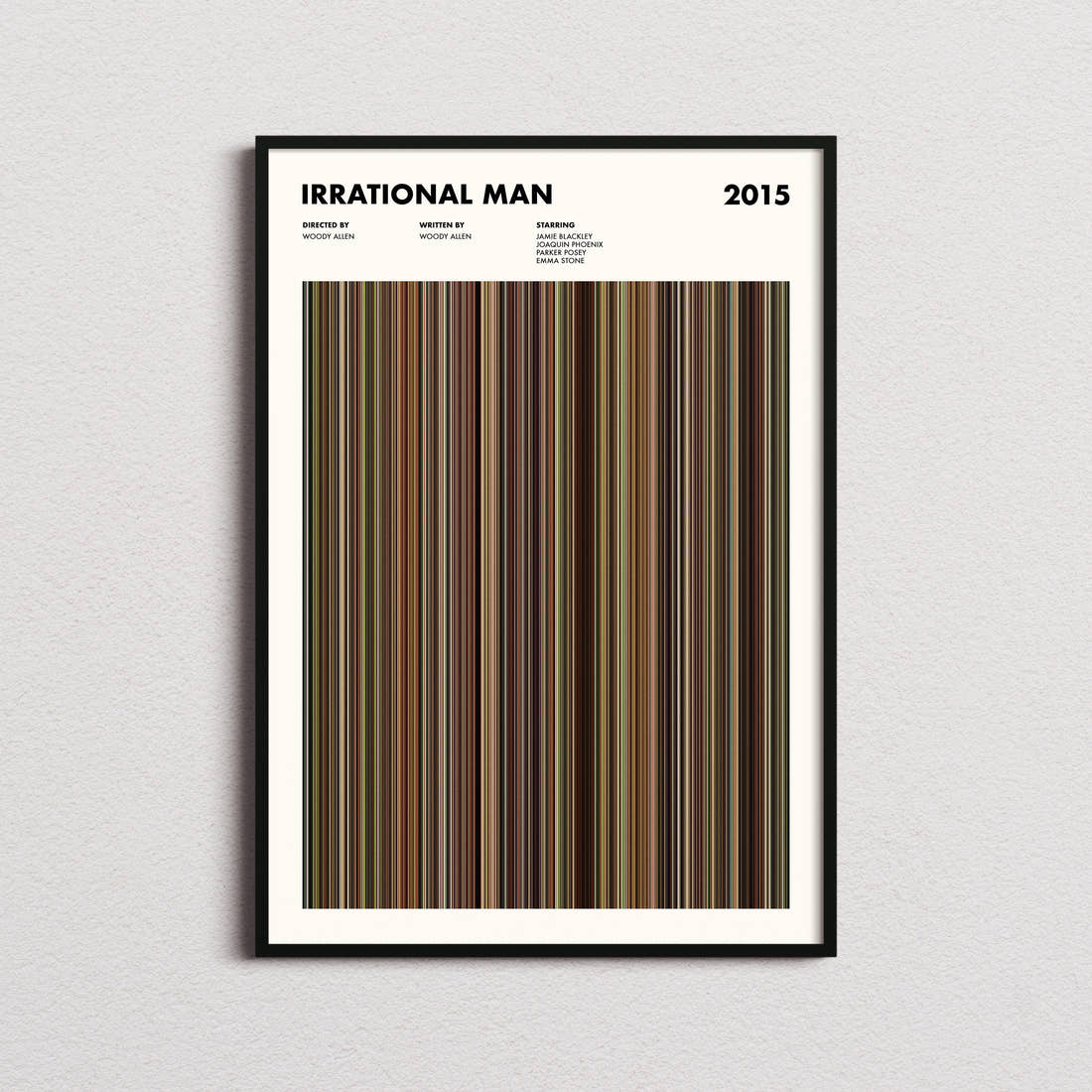 Irrational Man Movie Barcode Poster framed on a plain studio wall