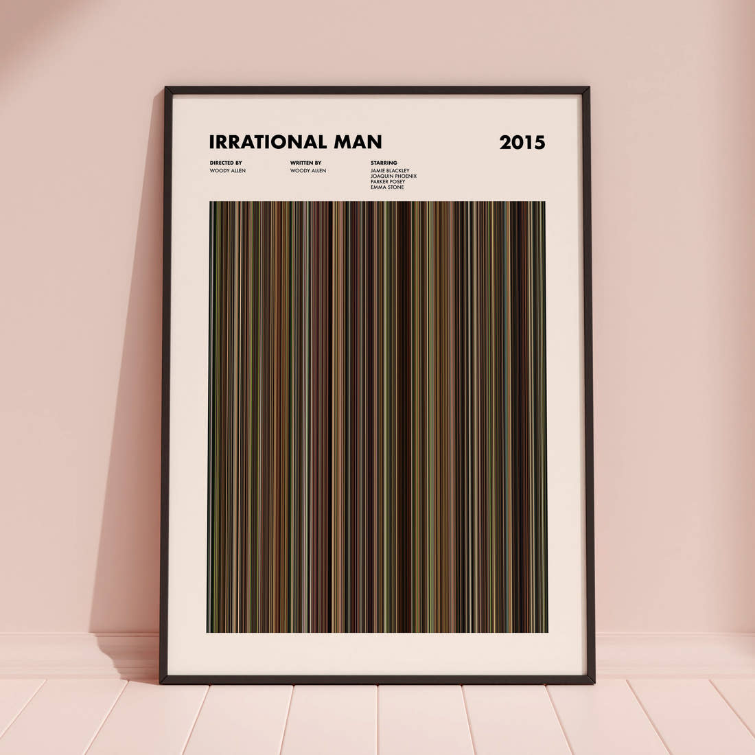 Irrational Man Movie Barcode Poster framed and leaning against a coloured wall