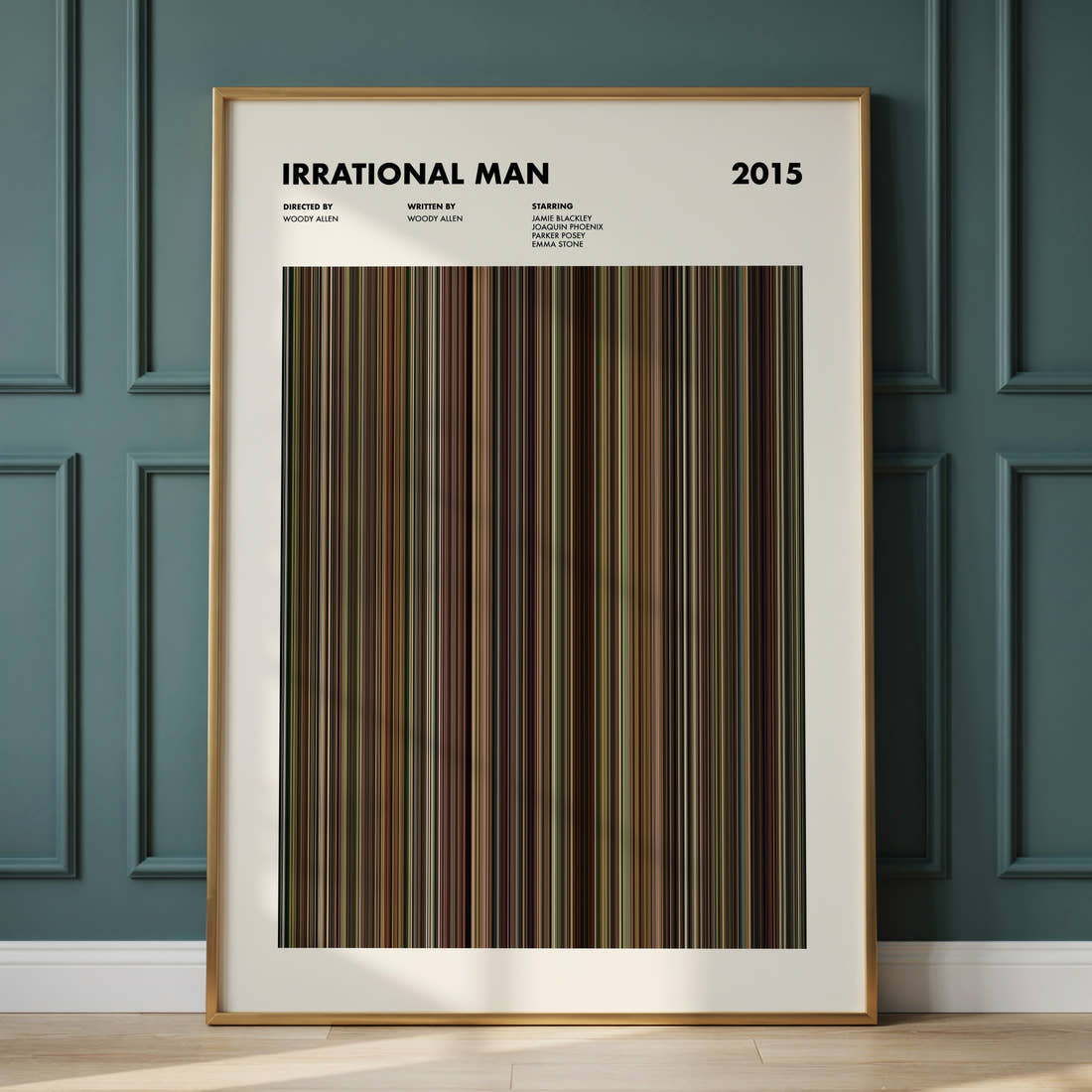 Irrational Man Movie Barcode Poster framed and leaning against a panelled wall