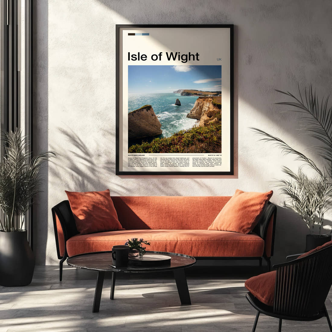 Isle of Wight Chalk Cliffs And Stack Travel Print framed on the wall of a modern living room