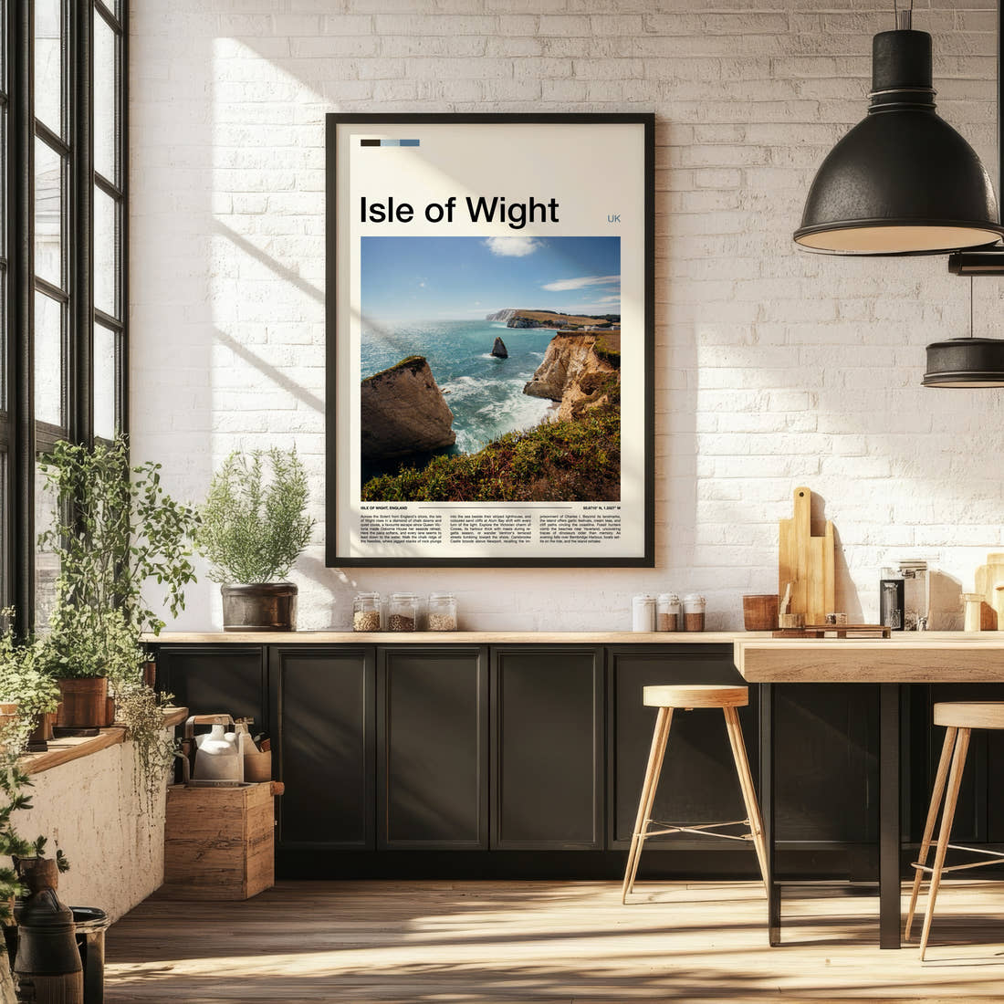 Isle of Wight Chalk Cliffs And Stack Travel Print framed on the wall of a bright kitchen and dining space