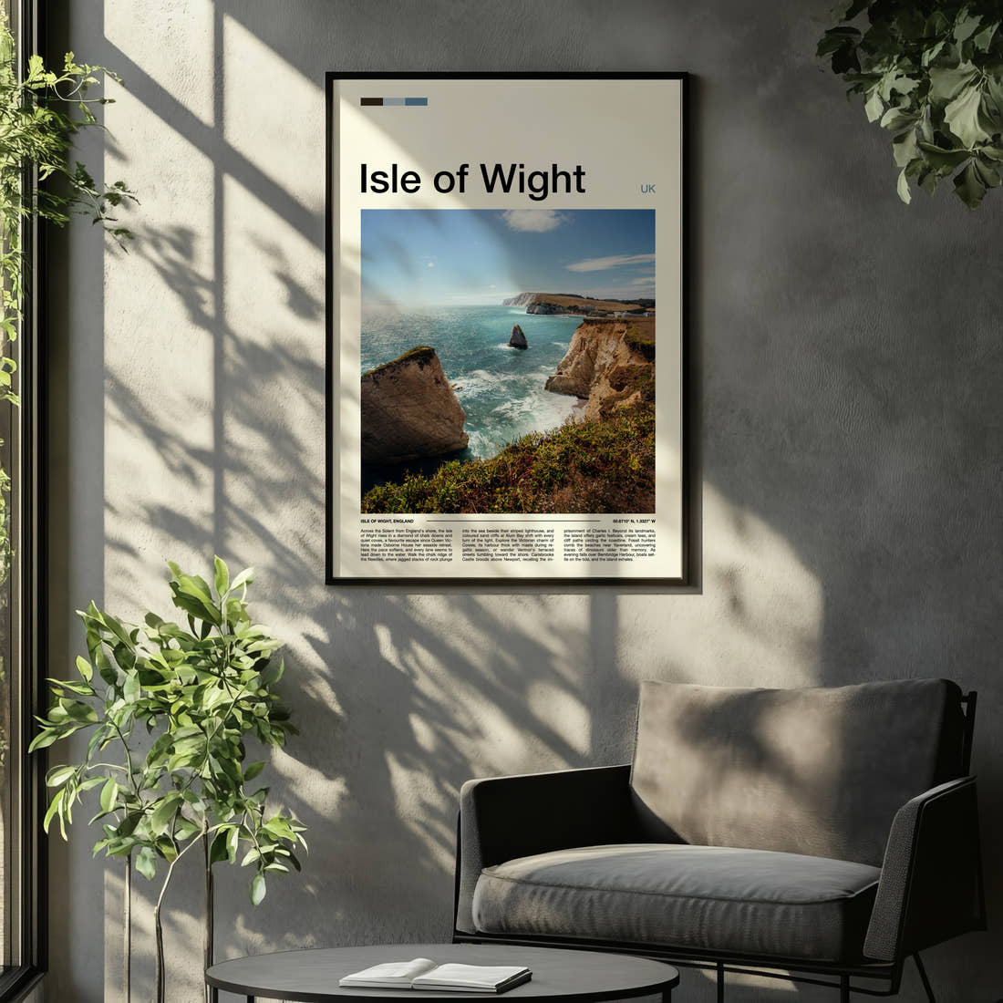 Isle of Wight Chalk Cliffs And Stack Travel Print framed on the wall of a relaxed living room