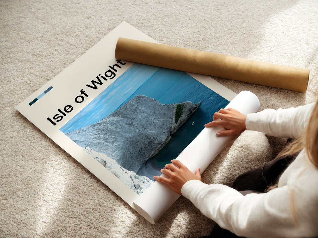 Isle of Wight Chalk Cliff Coastline Travel Print being unrolled from its postal tube
