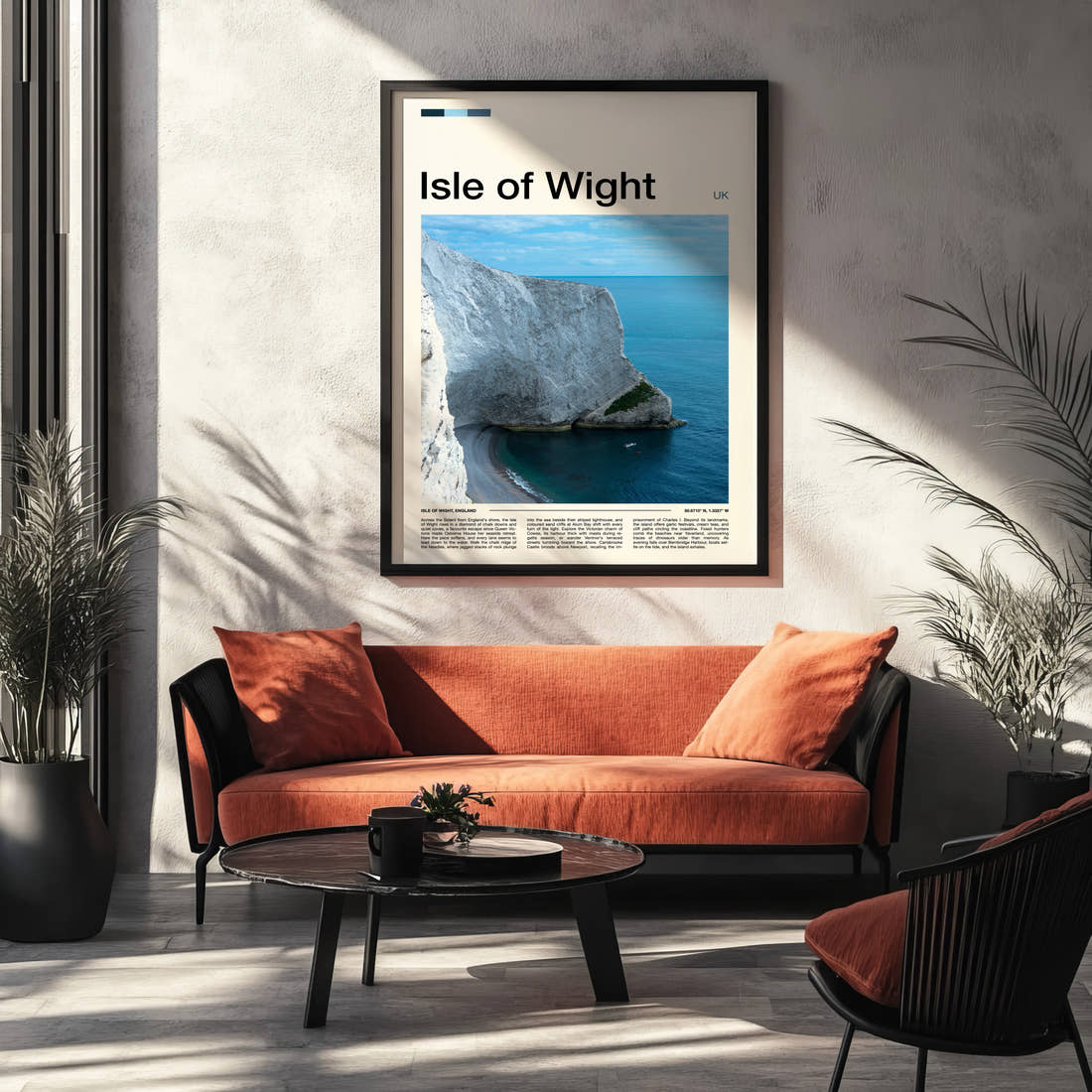 Isle of Wight Chalk Cliff Coastline Travel Print framed on the wall of a modern living room