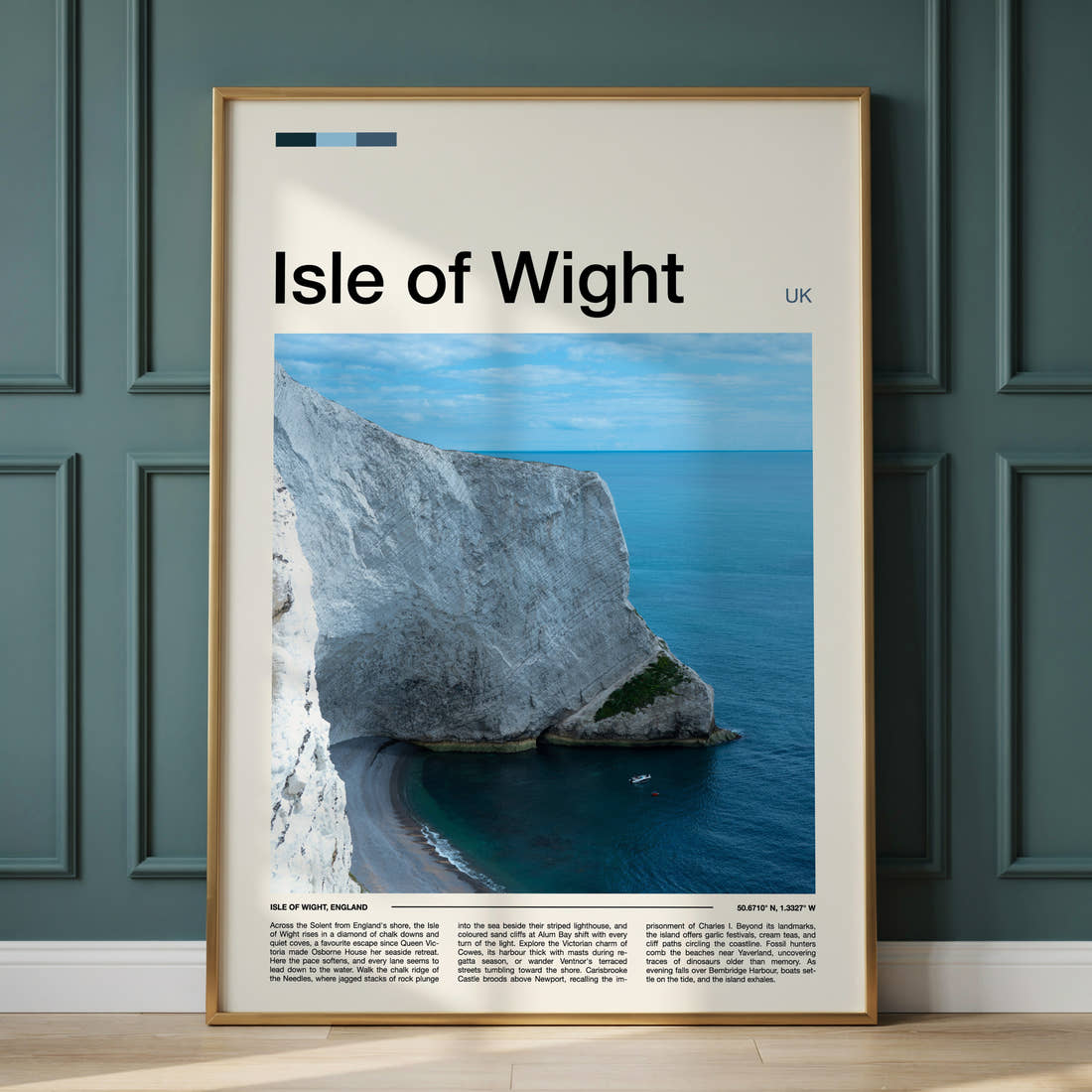 Isle of Wight Chalk Cliff Coastline Travel Print framed on the wall of a calm, neutral bedroom