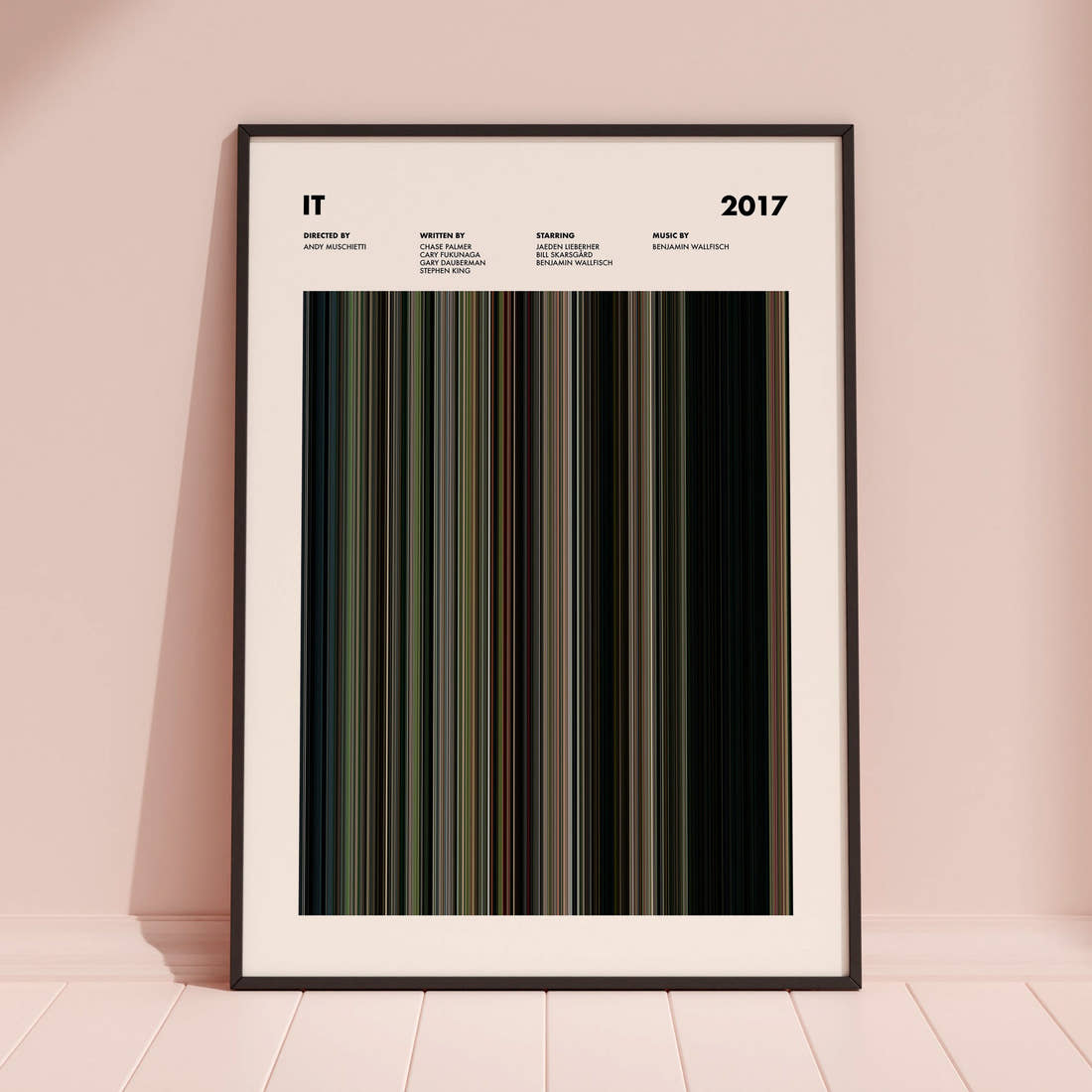 It Movie Barcode Poster framed and leaning against a coloured wall