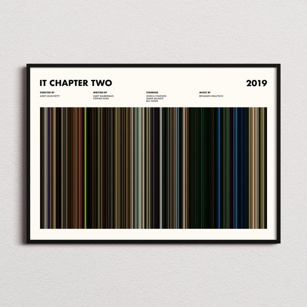 It Chapter Two Movie Barcode Poster framed and photographed straight on