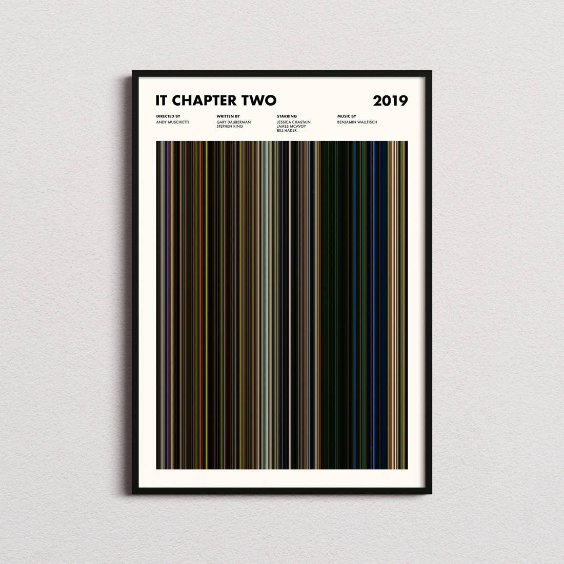 It Chapter Two Movie Barcode Poster framed on a plain studio wall