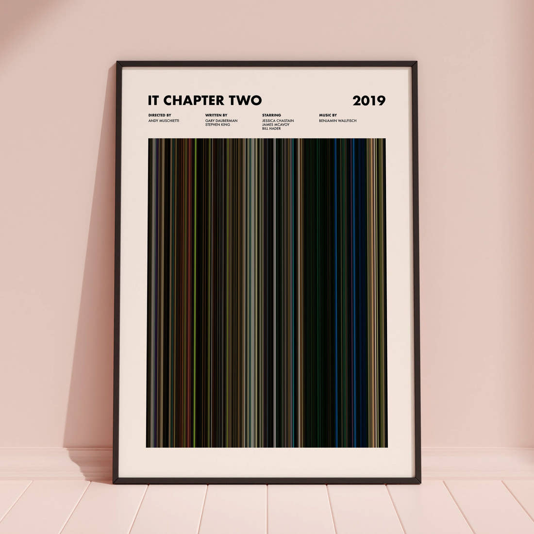 It Chapter Two Movie Barcode Poster framed and leaning against a coloured wall