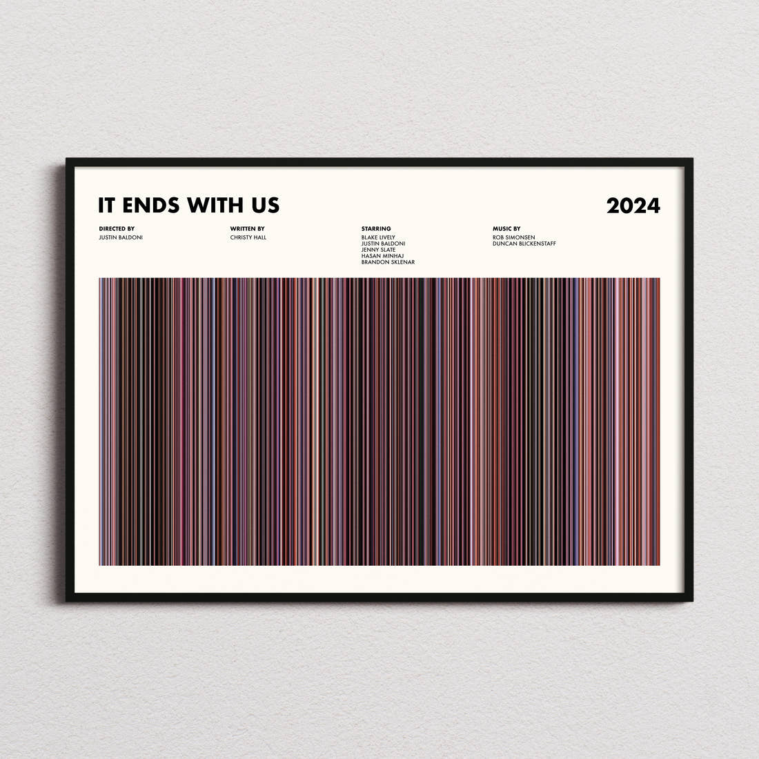 It Ends With Us Movie Barcode Poster framed and photographed straight on