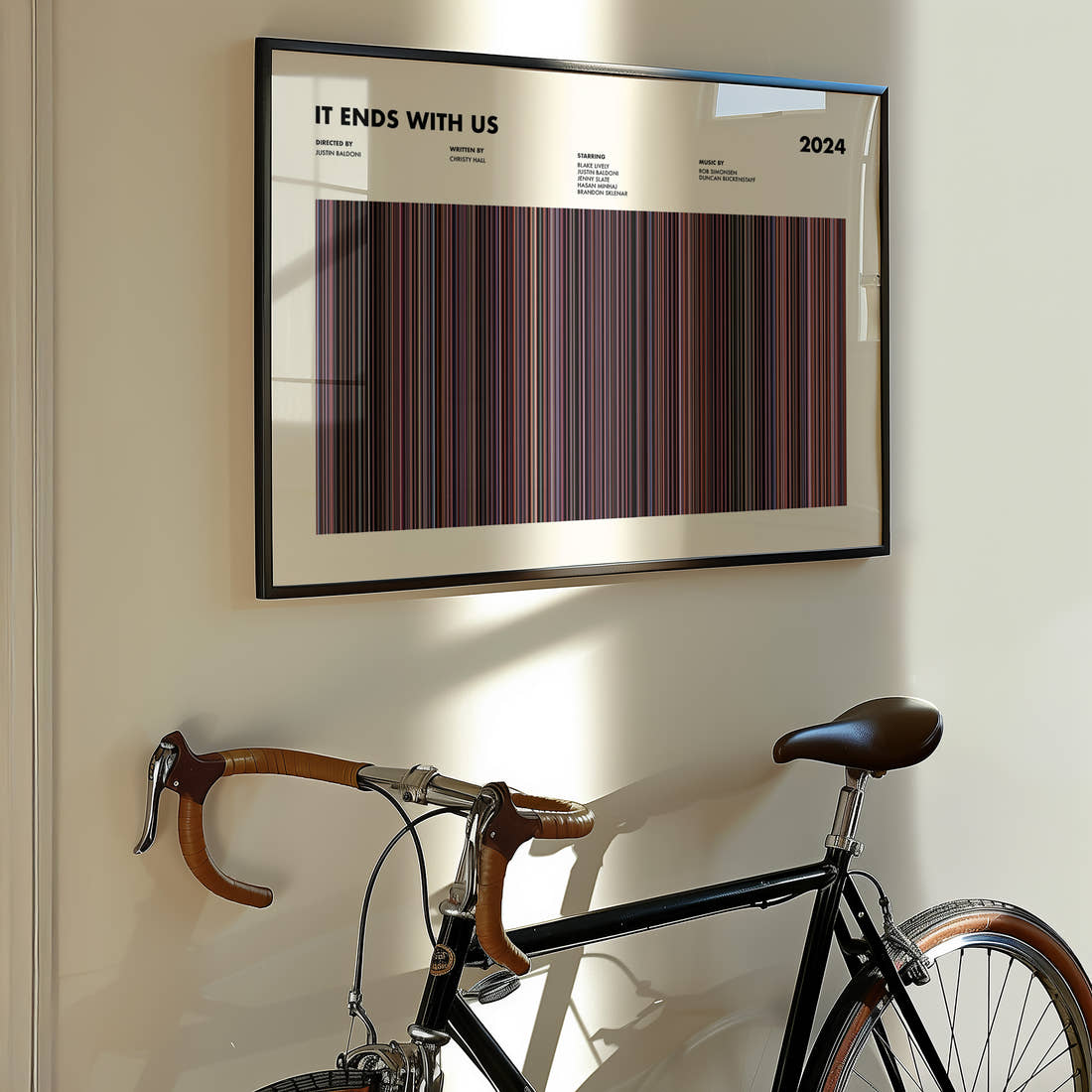 It Ends With Us Movie Barcode Poster framed on the wall of a styled room setting
