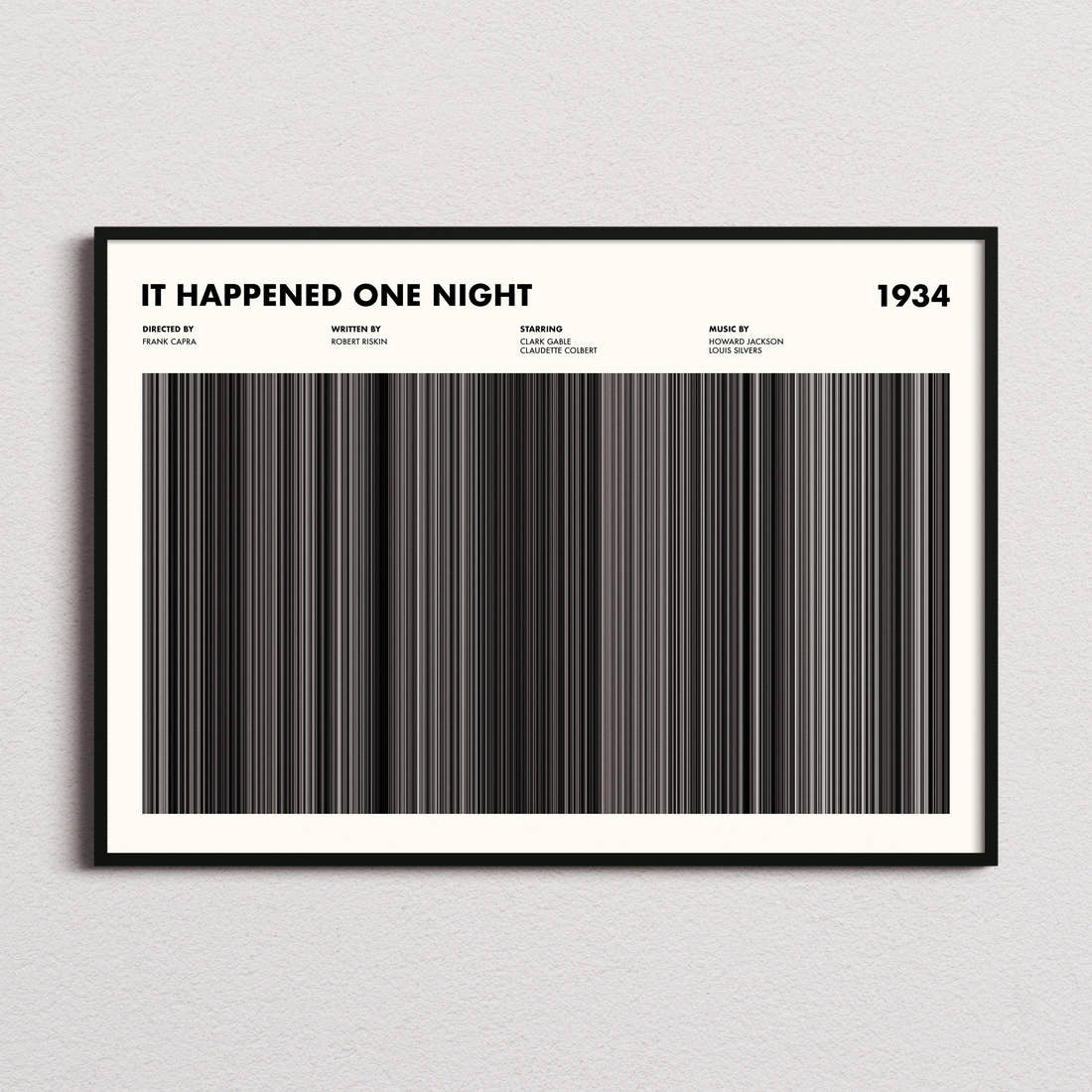 It Happened One Night Movie Barcode Poster framed and photographed straight on