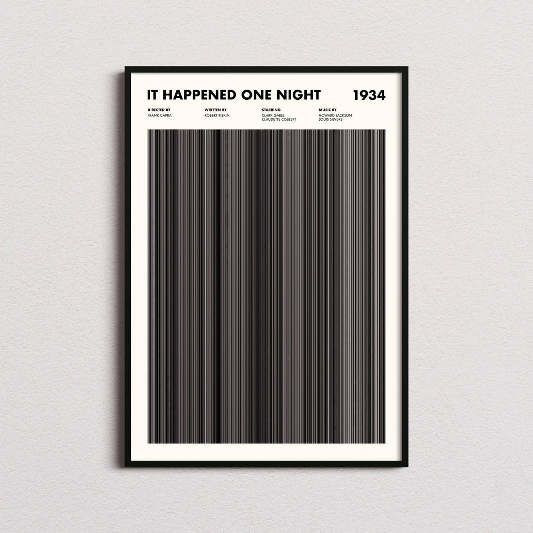 It Happened One Night Movie Barcode Poster framed on a plain studio wall