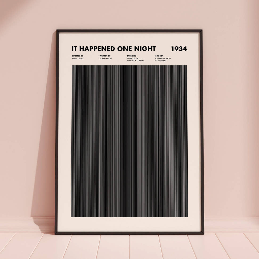 It Happened One Night Movie Barcode Poster framed and leaning against a coloured wall