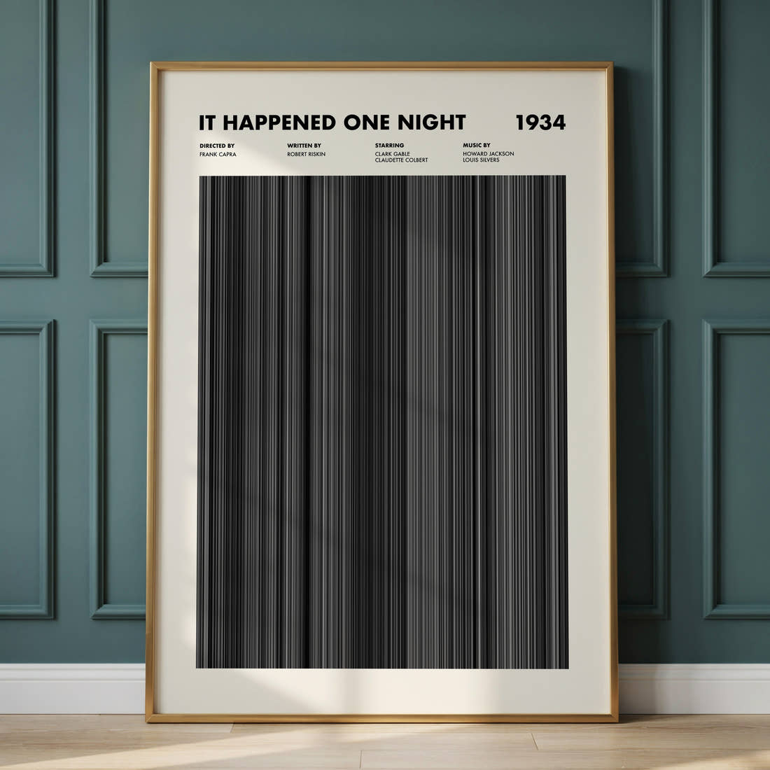 It Happened One Night Movie Barcode Poster framed and leaning against a panelled wall