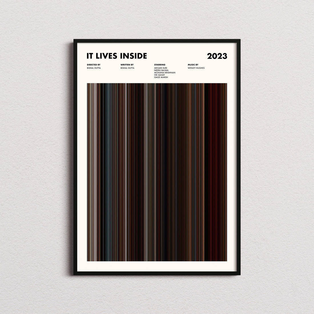 It Lives Inside Movie Barcode Poster framed on a plain studio wall