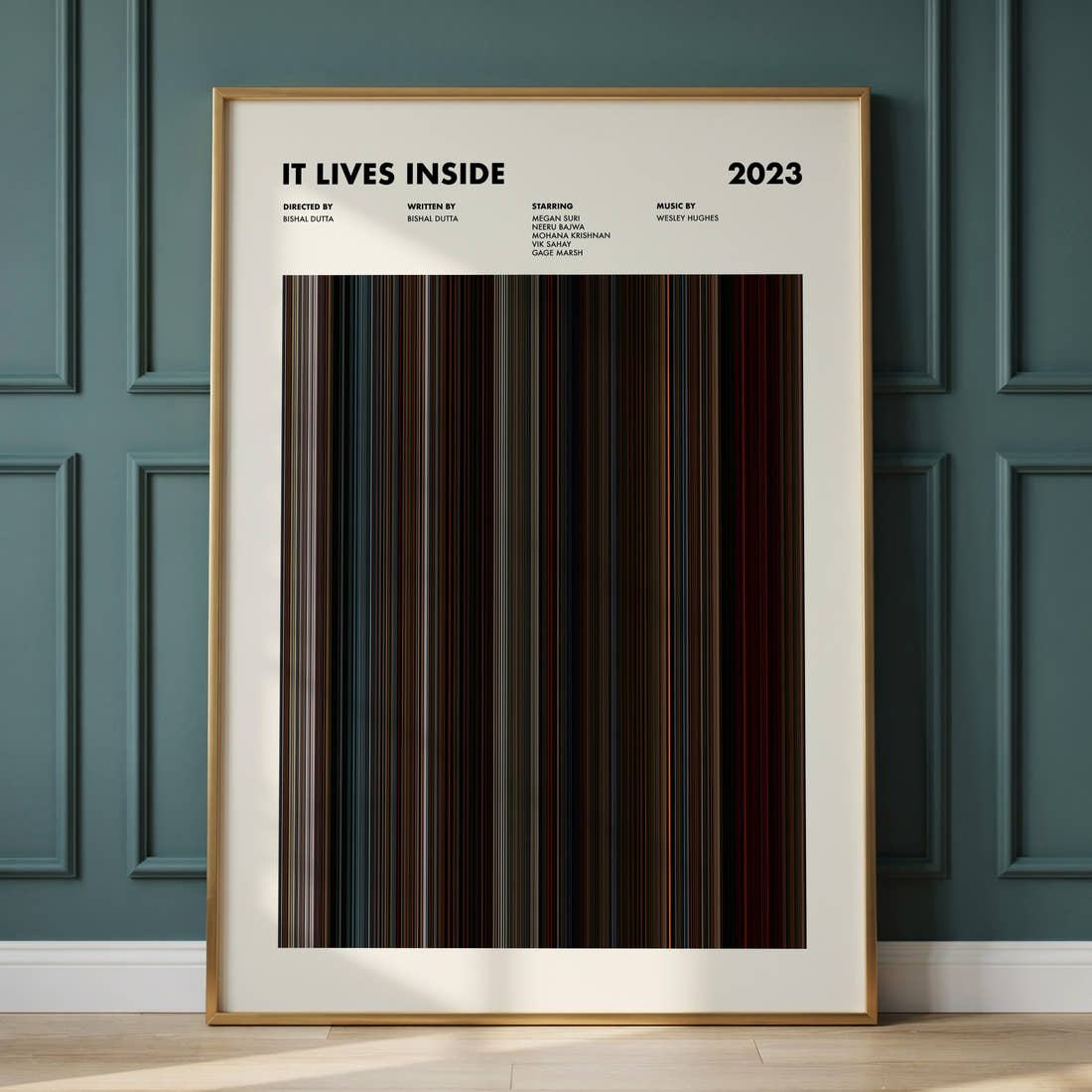 It Lives Inside Movie Barcode Poster framed and leaning against a panelled wall