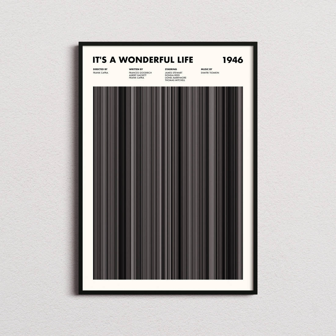 It's A Wonderful Life Movie Barcode Poster framed on a plain studio wall