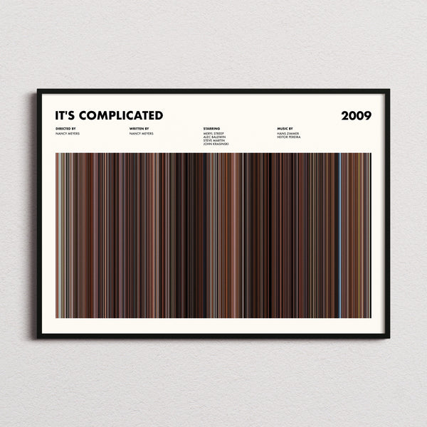 Its Complicated Movie Barcode Poster framed and photographed straight on