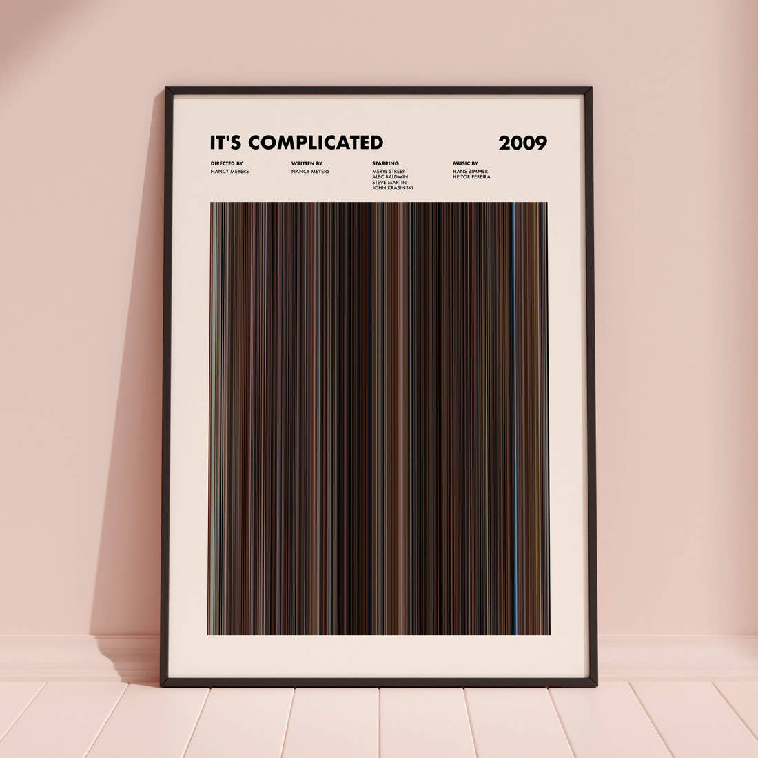 Its Complicated Movie Barcode Poster framed and leaning against a coloured wall