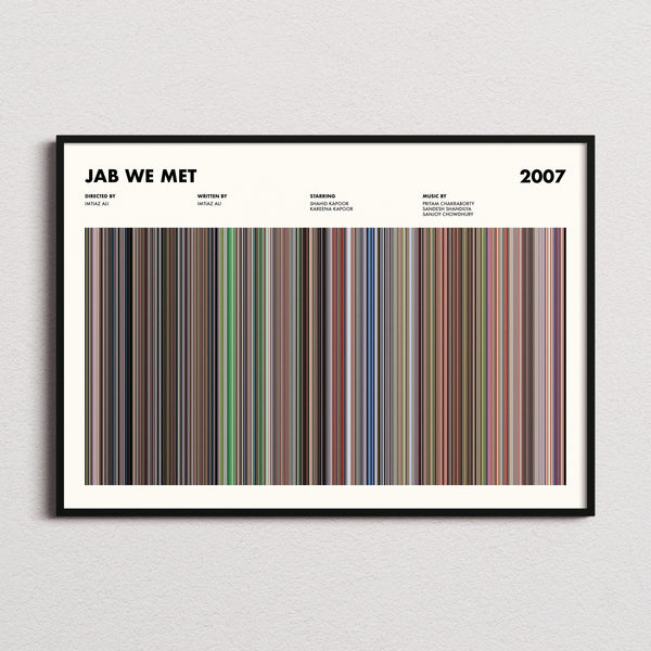 Jab We Met Movie Barcode Poster framed and photographed straight on