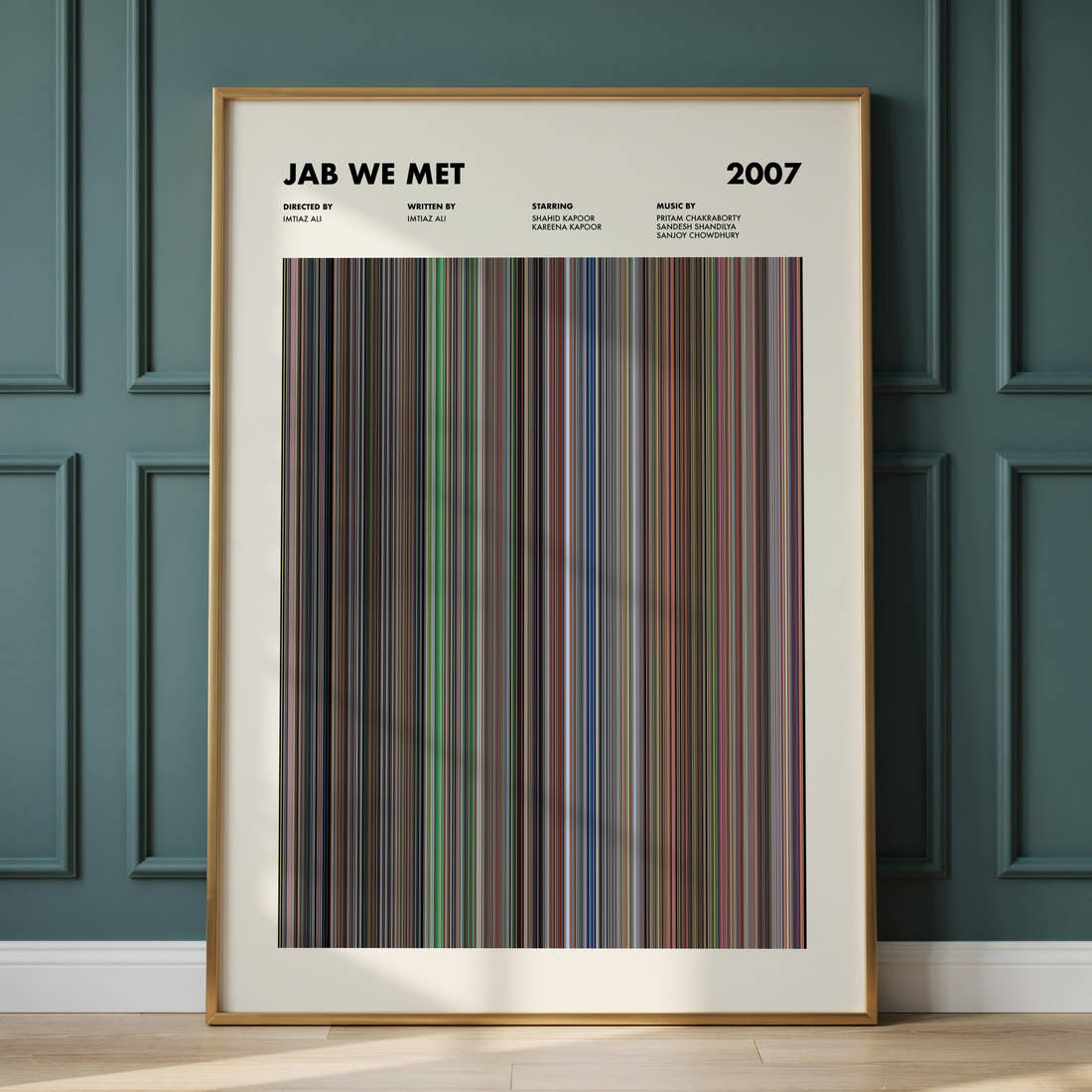 Jab We Met Movie Barcode Poster framed and leaning against a panelled wall