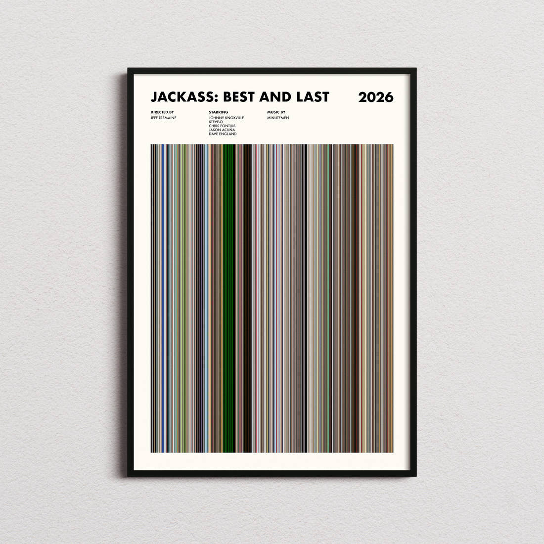 Jackass: Best and Last Movie Barcode Poster framed on a plain studio wall