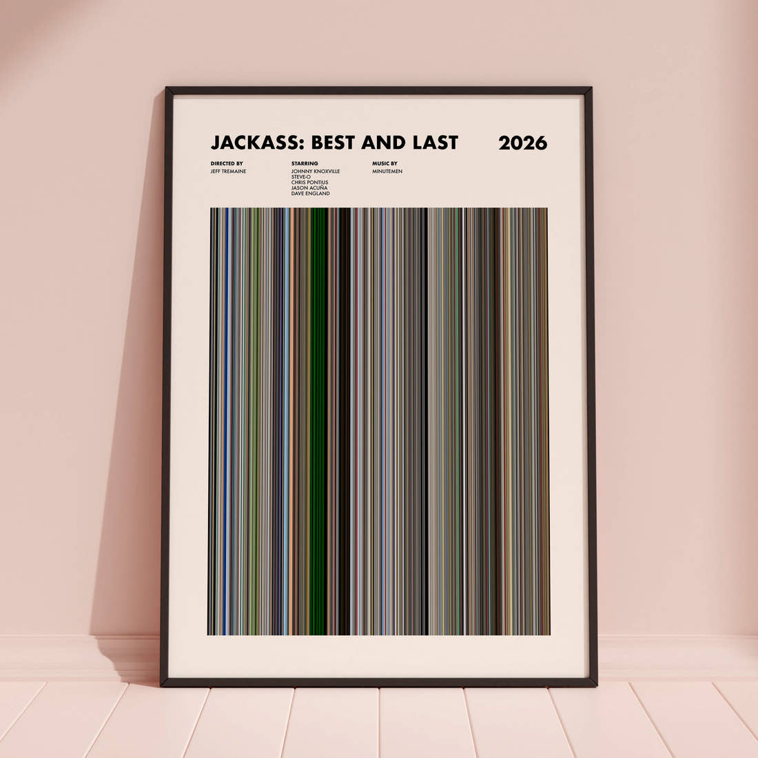 Jackass: Best and Last Movie Barcode Poster framed and leaning against a coloured wall
