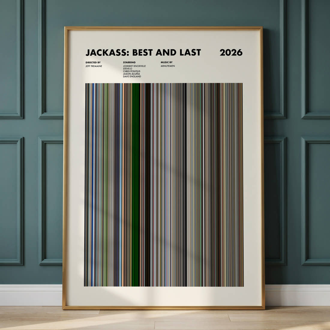 Jackass: Best and Last Movie Barcode Poster framed and leaning against a panelled wall