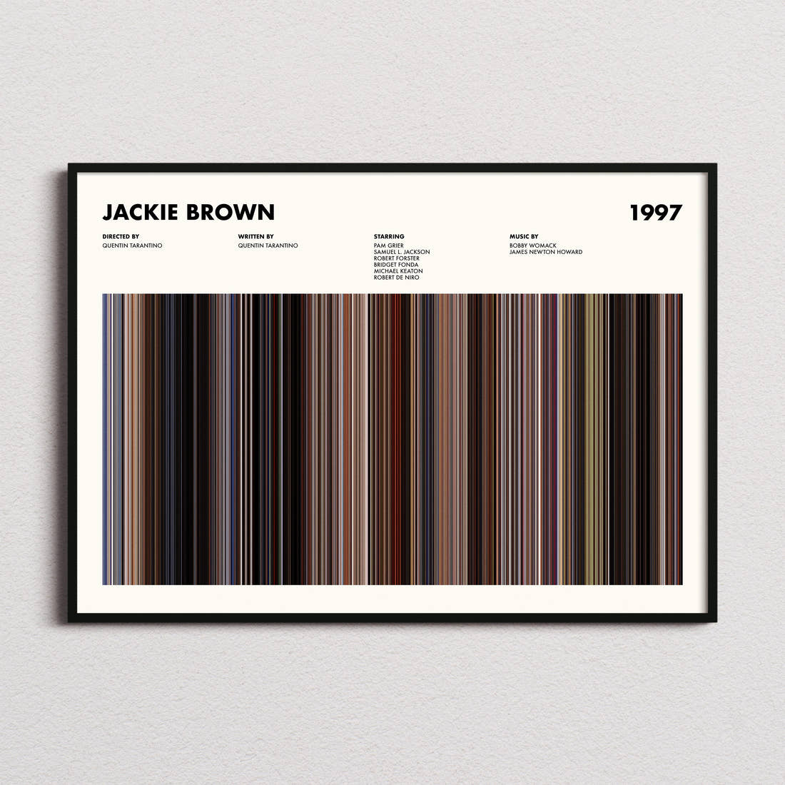 Jackie Brown Movie Barcode Poster framed and photographed straight on