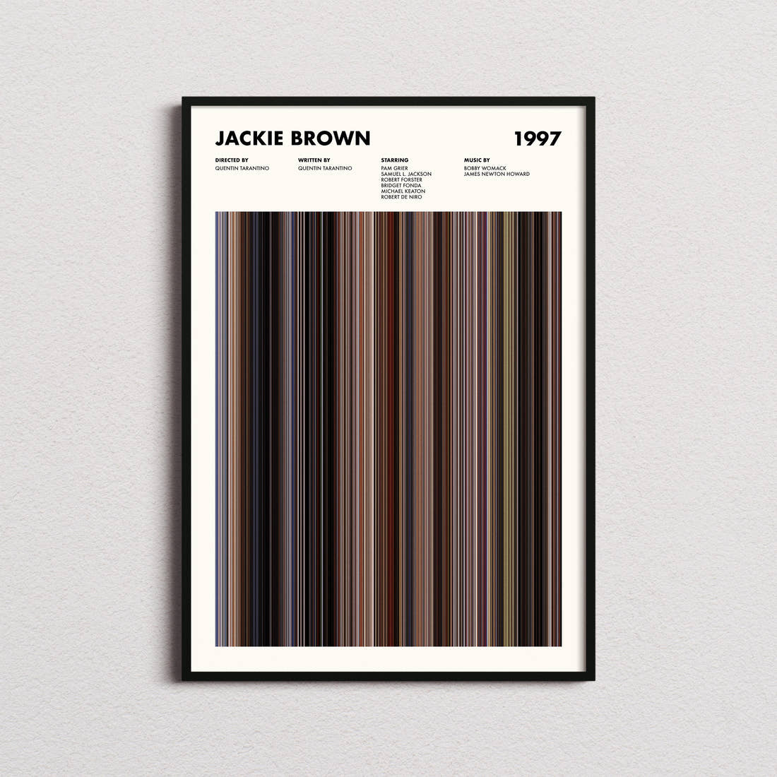 Jackie Brown Movie Barcode Poster framed on a plain studio wall