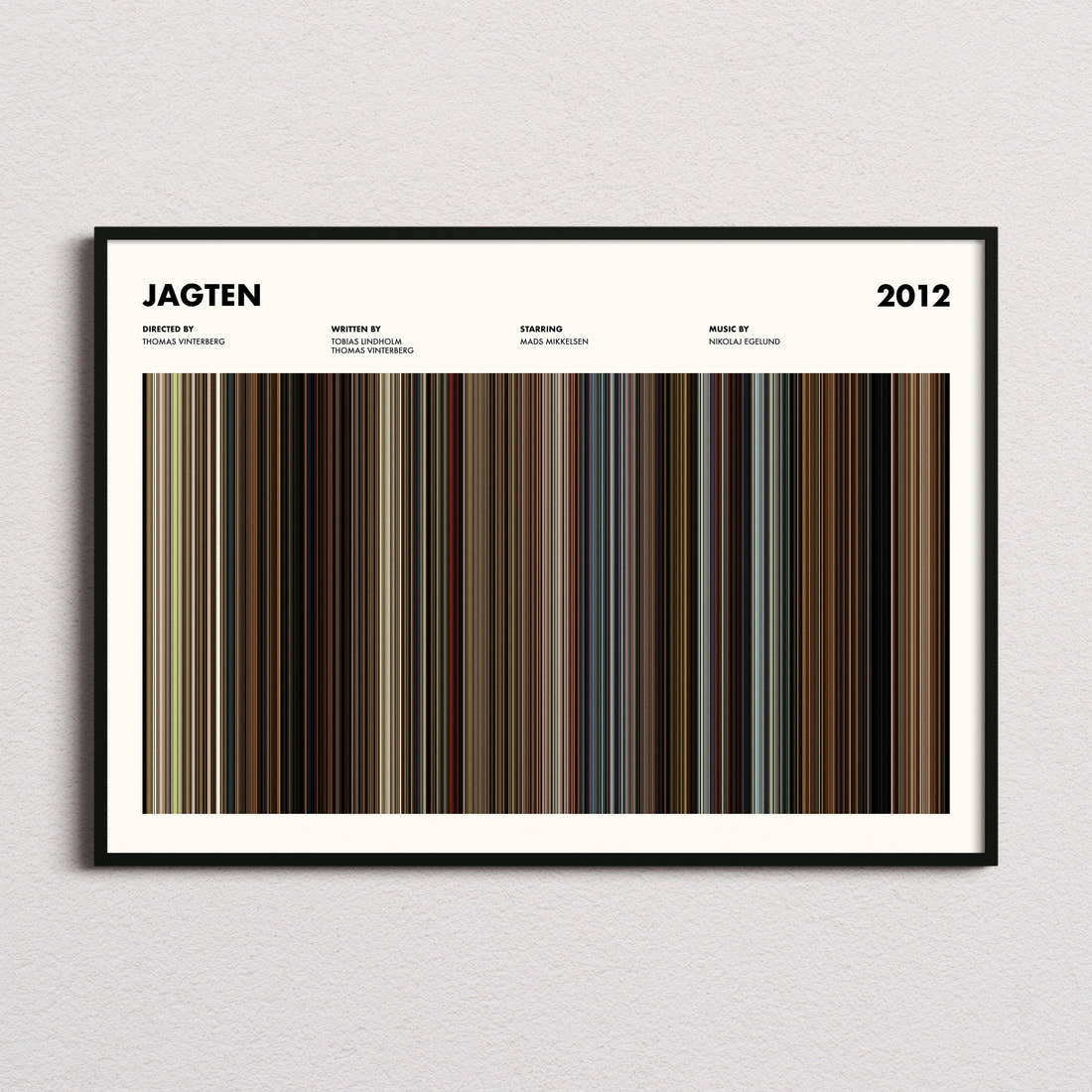 Jagten Movie Barcode Poster framed and photographed straight on