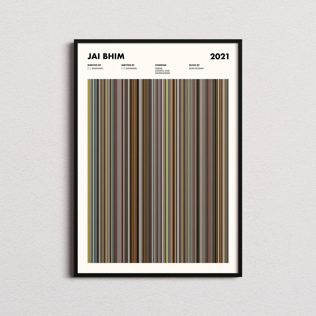 Jai Bhim Movie Barcode Poster framed on a plain studio wall