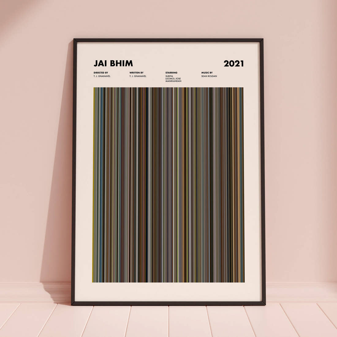 Jai Bhim Movie Barcode Poster framed and leaning against a coloured wall