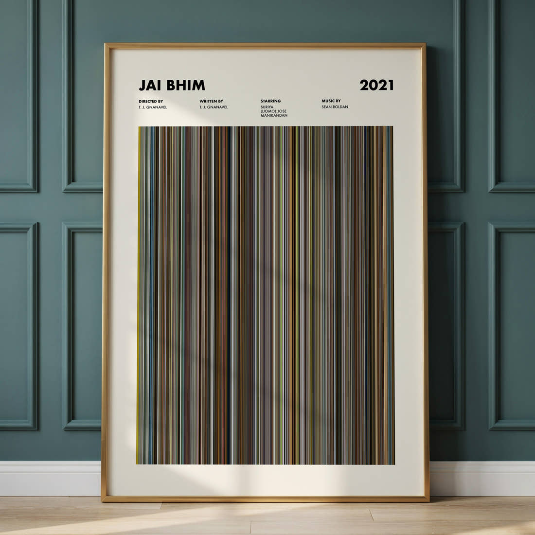 Jai Bhim Movie Barcode Poster framed and leaning against a panelled wall