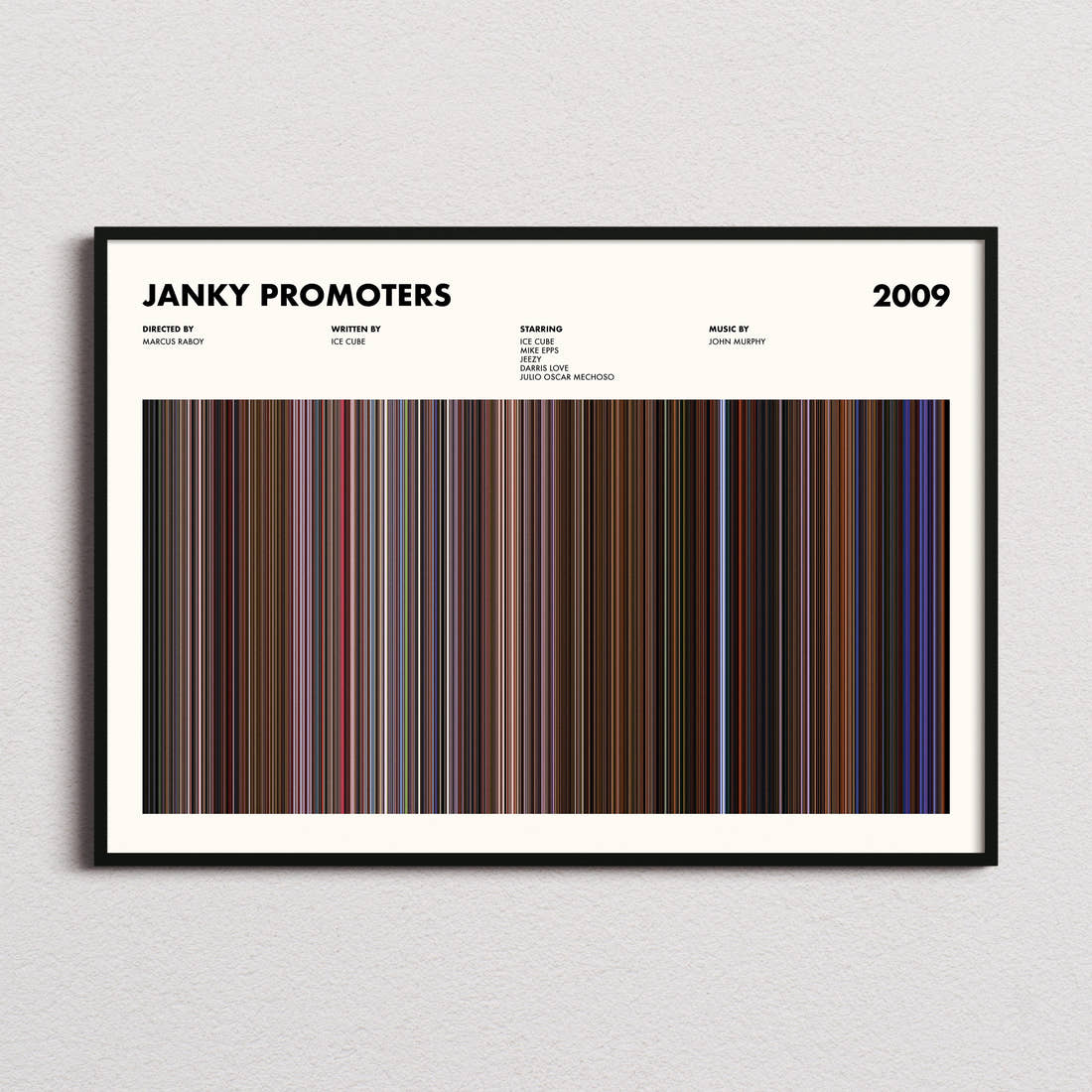 Janky Promoters Movie Barcode Poster framed and photographed straight on