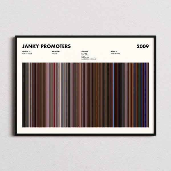 Janky Promoters Movie Barcode Poster framed and photographed straight on