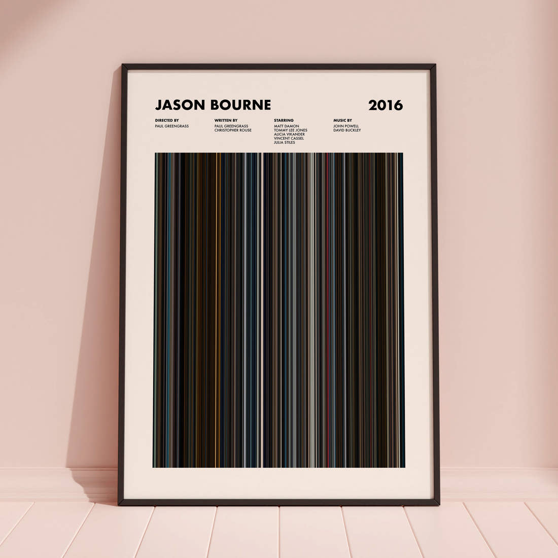 Jason Bourne Movie Barcode Poster framed and leaning against a coloured wall