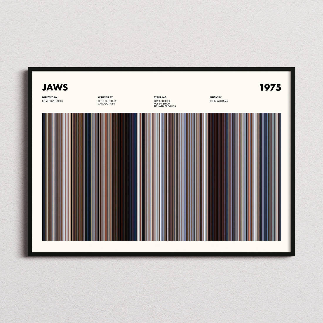 Jaws Movie Barcode Poster framed and photographed straight on