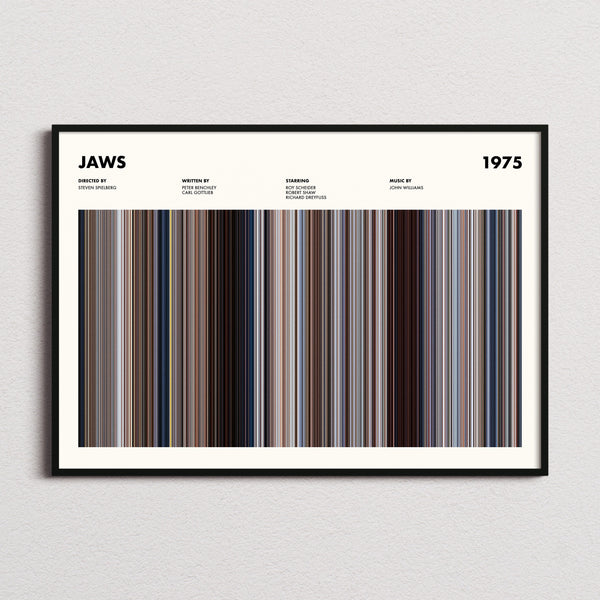 Jaws Movie Barcode Poster framed and photographed straight on