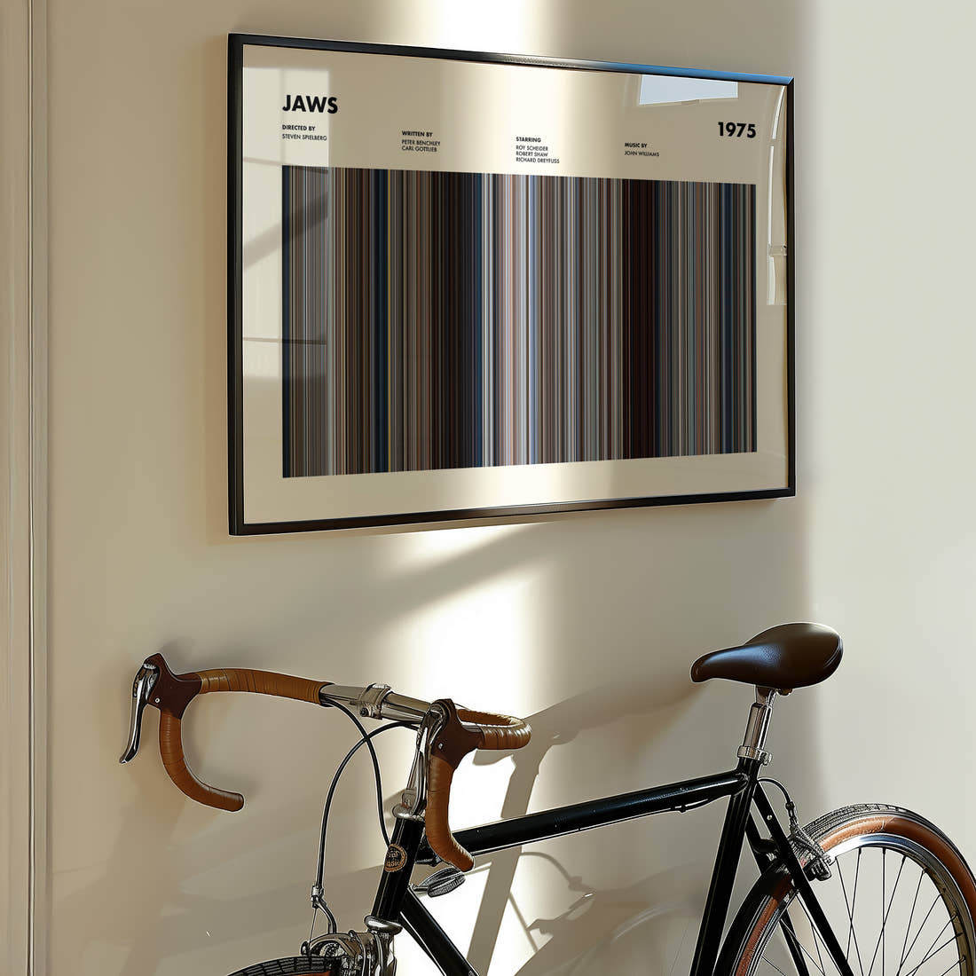 Jaws Movie Barcode Poster framed on the wall of a styled room setting