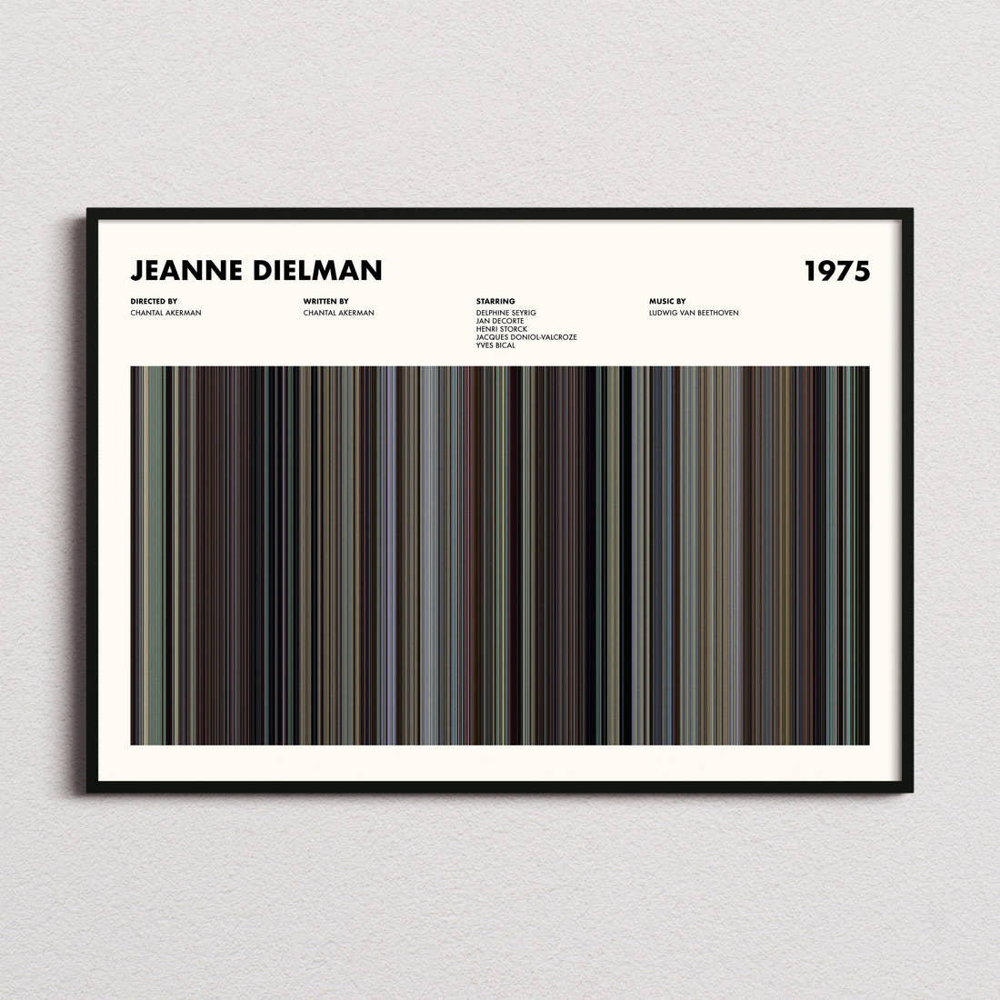 Jeanne Dielman Movie Barcode Poster framed and photographed straight on
