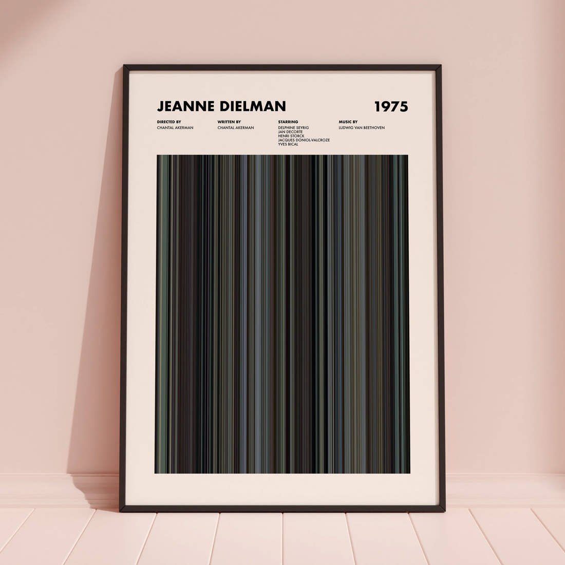 Jeanne Dielman Movie Barcode Poster framed and leaning against a coloured wall