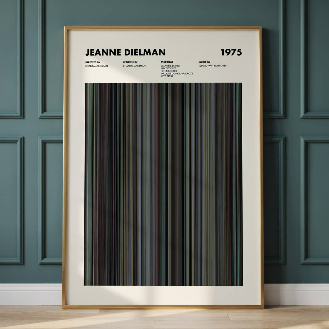 Jeanne Dielman Movie Barcode Poster framed and leaning against a panelled wall