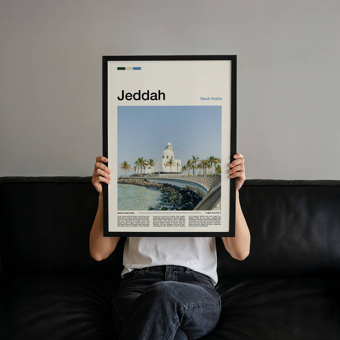 Jeddah Corniche Mosque View Travel Print held up by hand to show the size of the print