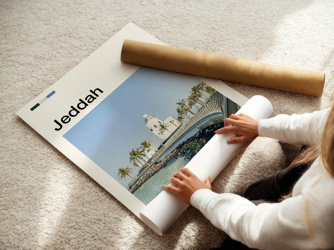 Jeddah Corniche Mosque View Travel Print being unrolled from its postal tube