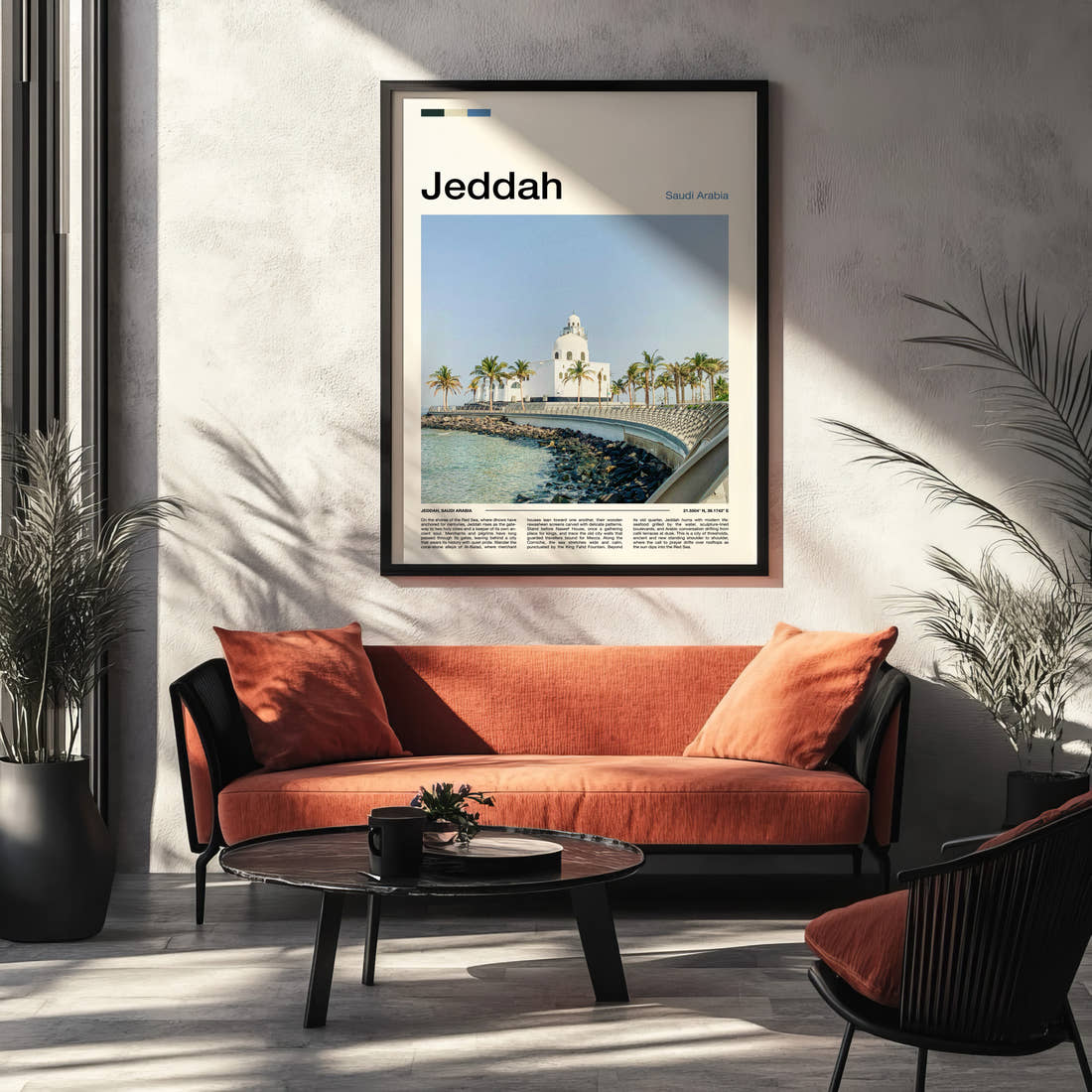 Jeddah Corniche Mosque View Travel Print framed on the wall of a modern living room