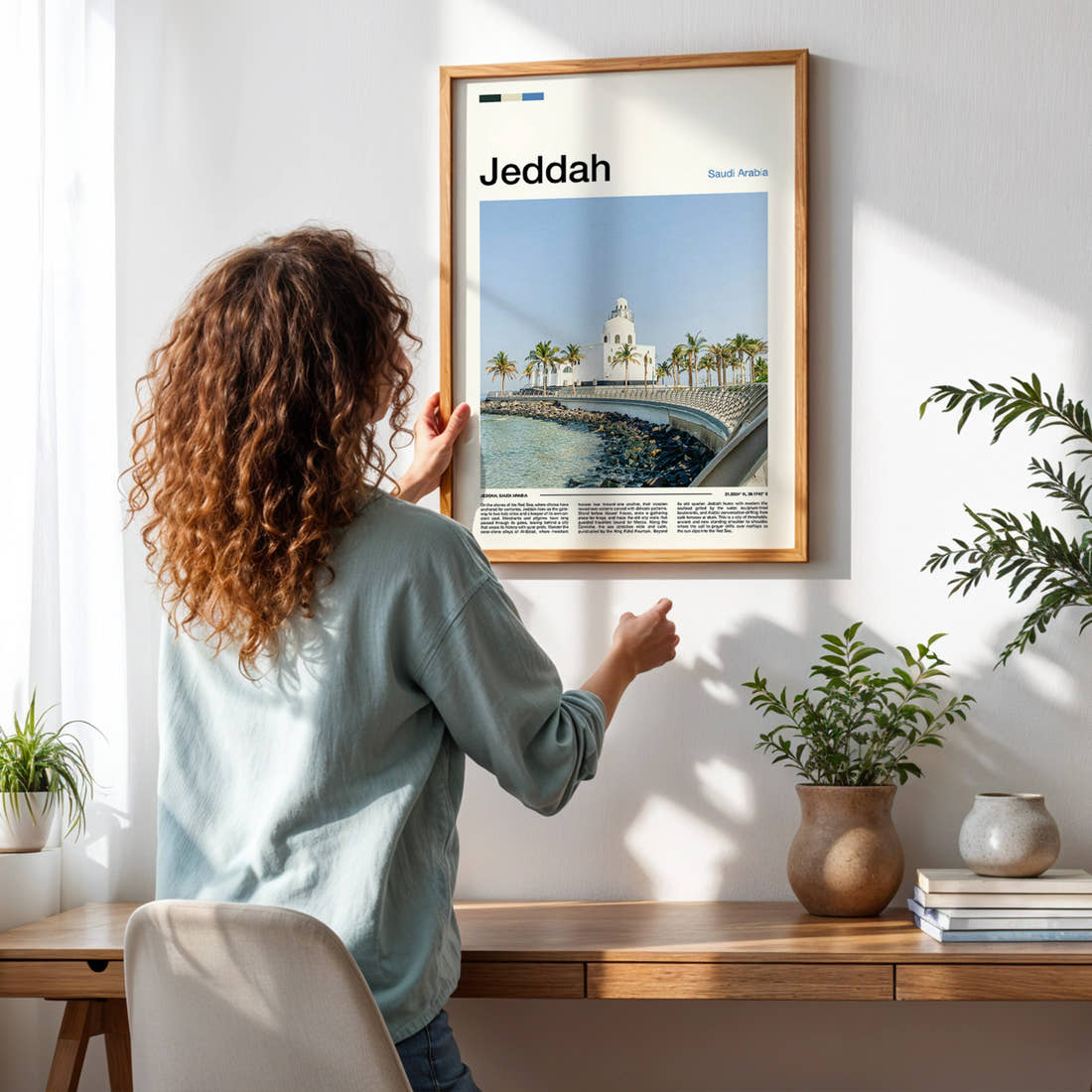 Jeddah Corniche Mosque View Travel Print framed on a pale wall beside houseplants